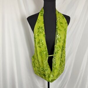 Lime Green Beaded Floral Sheer Halter Top 2X| Statement Scarf Blouse NWT